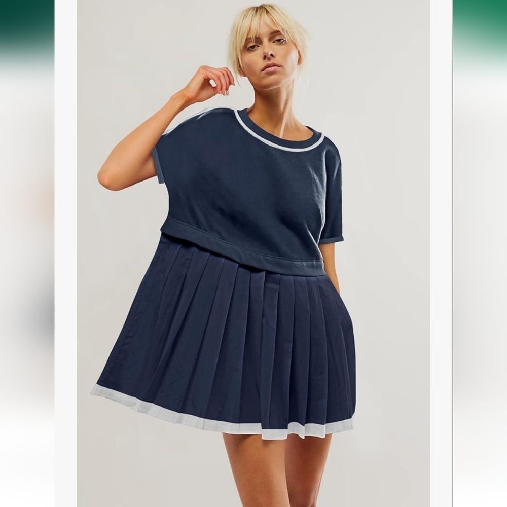 Casual Short Sleeve Crewneck T Shirt Dress Flowy Pleated Mini Dress - Picture 3 of 5